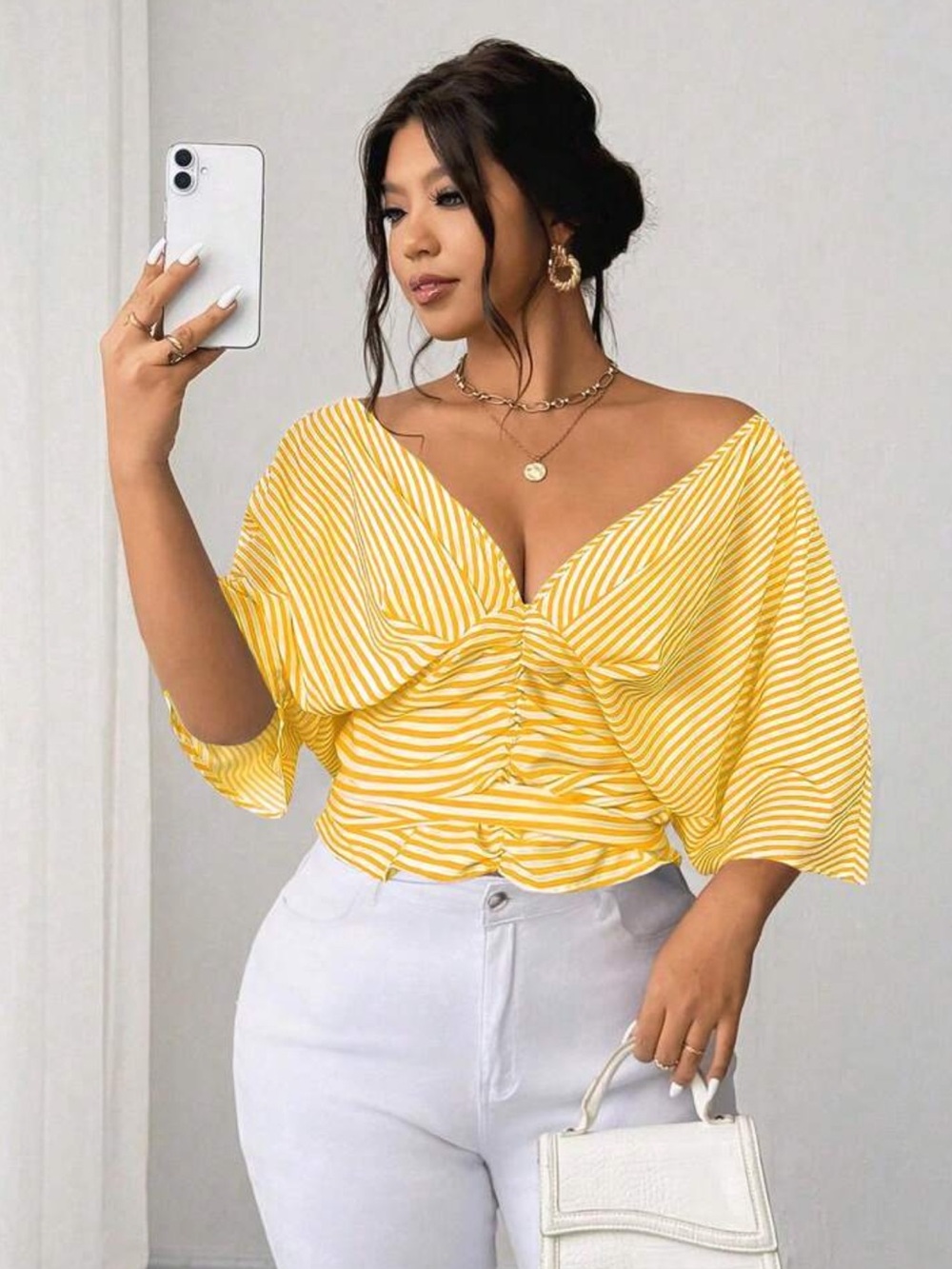 Elenzga Plus Size Blue Striped Sleeveless Elegant Blouse